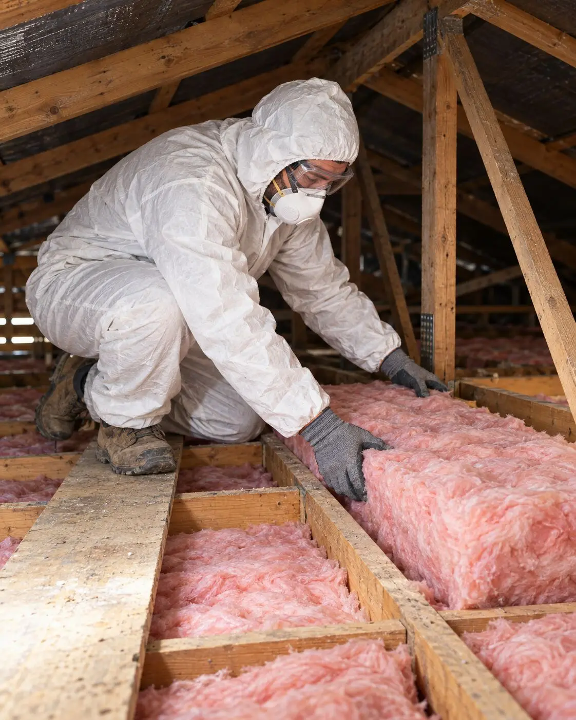 Installer laying batts in an existing roof space